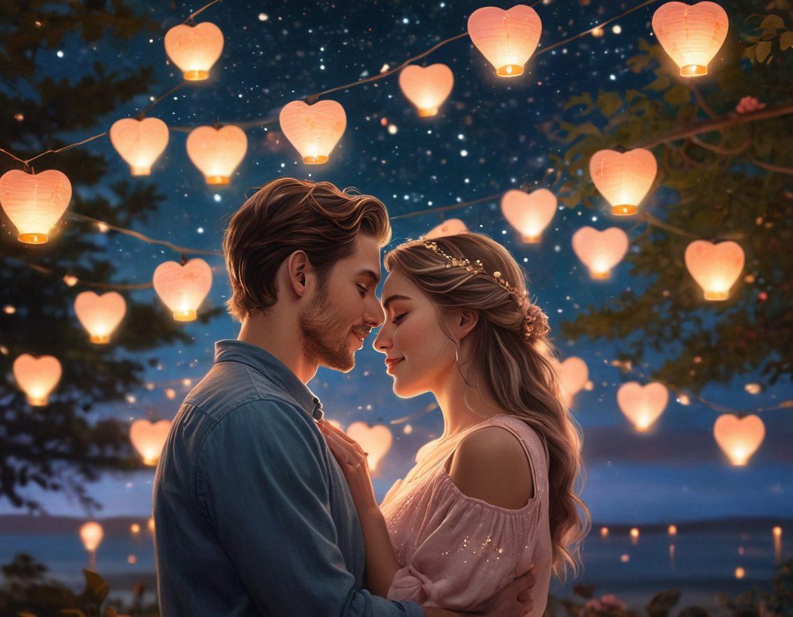 A dreamy scene of two soulmates embracing under a starlit sky, surrounded by soft, glowing hearts symbolizing emotional connection. Their faces radiate warmth and understanding as they share a quiet moment, with gentle light illuminating their features. Incorporate pastel colors and whimsical elements like floating lanterns to evoke romance and intimacy. vibrant colors. super-realistic.