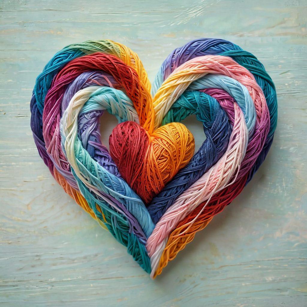 A beautifully intertwined heart made of colorful yarn threads, symbolizing connections and love. Surround this heart with gentle hands nurturing it, while soft glowing light radiates from the center, representing warmth and care. In the background, a serene landscape with subtle pastel hues enhances the feeling of peace and unity. super-realistic. vibrant colors. soft background.