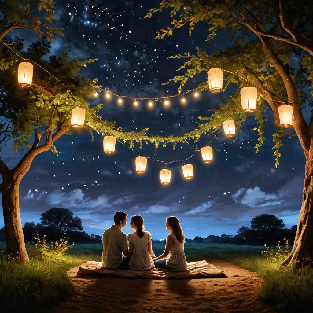 A romantic scene showcasing a couple having an intimate conversation under a starlit sky, surrounded by soft, glowing lanterns. In the background, subtle imagery of hearts and vines symbolizes the journey from courtship to lasting love. Incorporate warm tones to evoke feelings of connection and warmth. The couple should be engaged and joyful, illustrating the essence of strengthening bonds. super-realistic. vibrant colors. night setting.